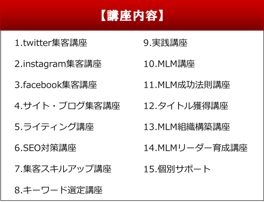 【講座内容】
1.twitter集客講座
2.instagram集客講座
3.facebook集客講座
4.サイト・ブログ集客講座
5.ライティング講座
6.SEO対策講座
7.集客スキルアップ講座
8.キーワード選定講座
9.実践講座
10.MLM講座
11.MLM成功法則講座
12.タイトル獲得講座
13.MLM組織構築講座
14.MLMリーダー育成講座
15.個別サポート
ネットワークビジネス
ネット集客