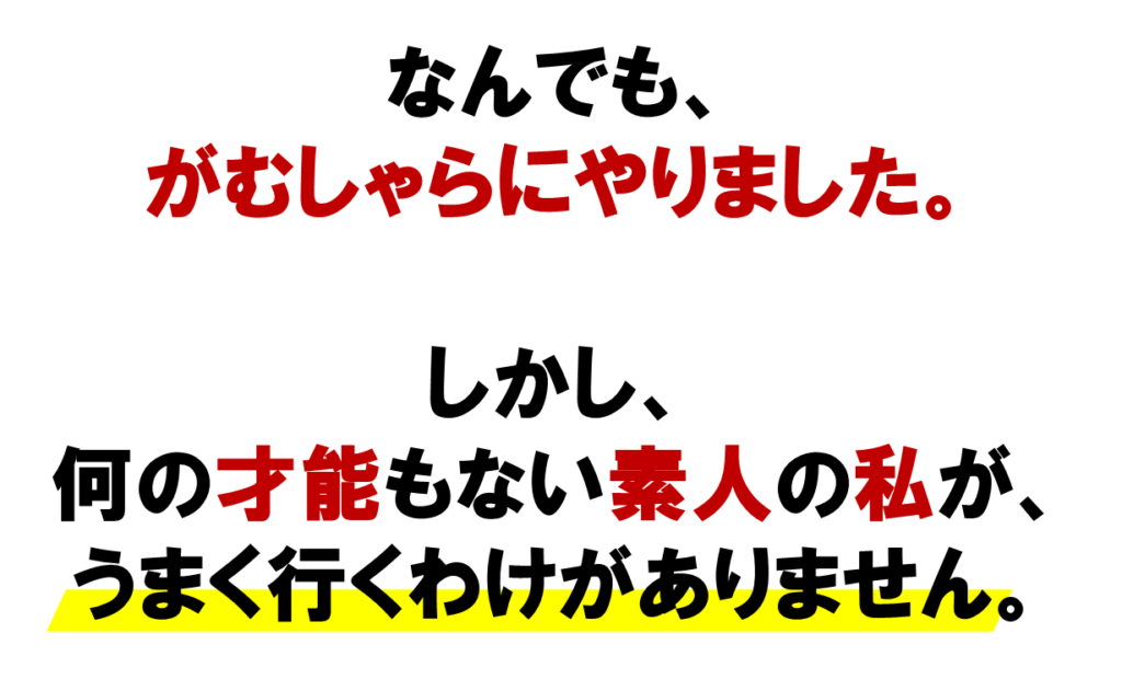 ネット集客のネットワークビジネスなどなんでも、
がむしゃらにやりました。

しかし、
何の才能もない素人の私が、
うまく行くわけがありません。