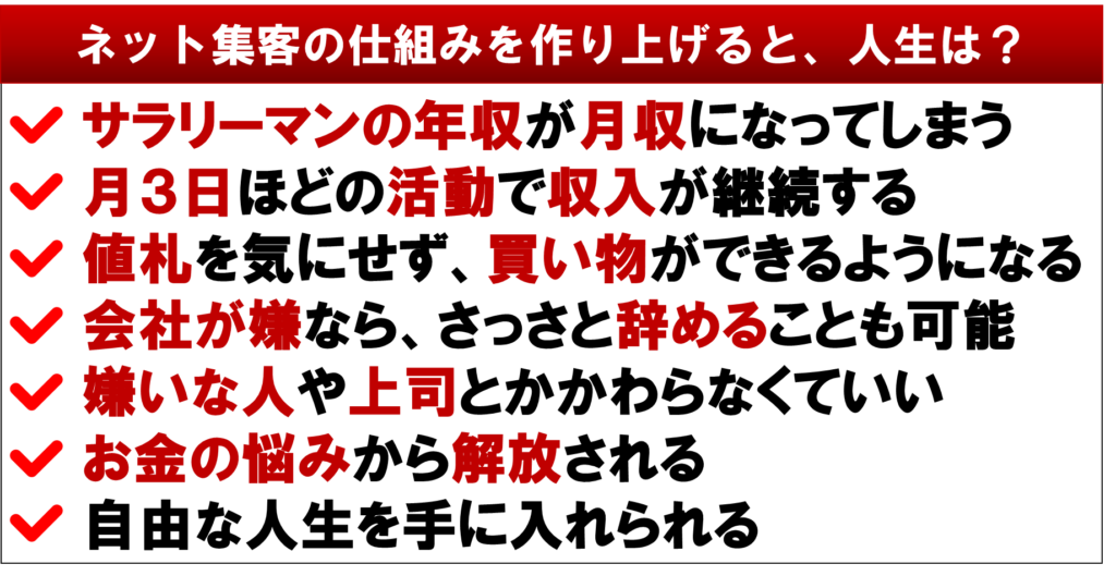 ネットワークビジネスで、ネット集客で、
ネット集客の仕組みを作り上げると、人生は？

サラリーマンの年収が月収になってしまう
月３日ほどの活動で収入が継続する
値札を気にせず、買い物ができるようになる
会社が嫌なら、さっさと辞めてしまうこともできる
嫌いな人や上司とかかわらなくてもよくなってしまう
お金の悩みから解放される
自由な人生を手に入れられる
MLM